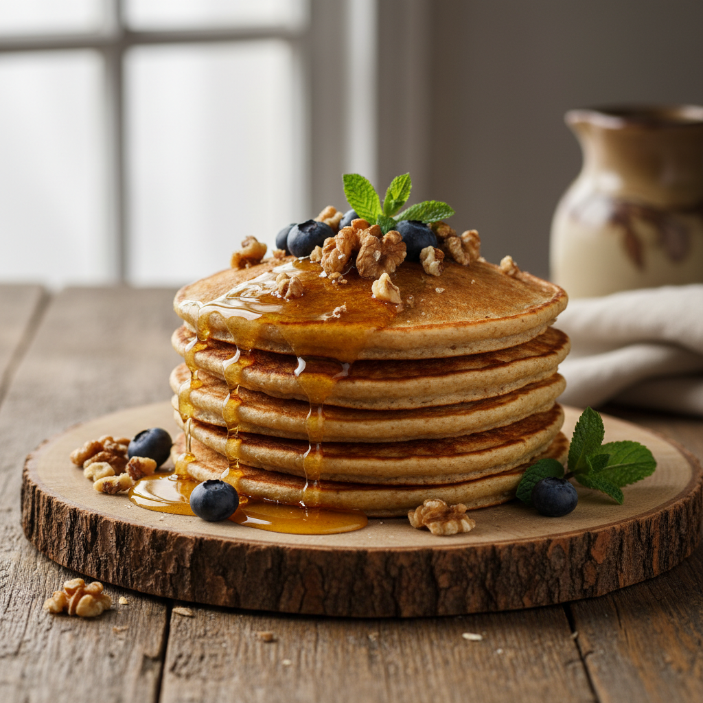 Avižiniai blyneliai su medumi ir riešutais ant medinio stalo